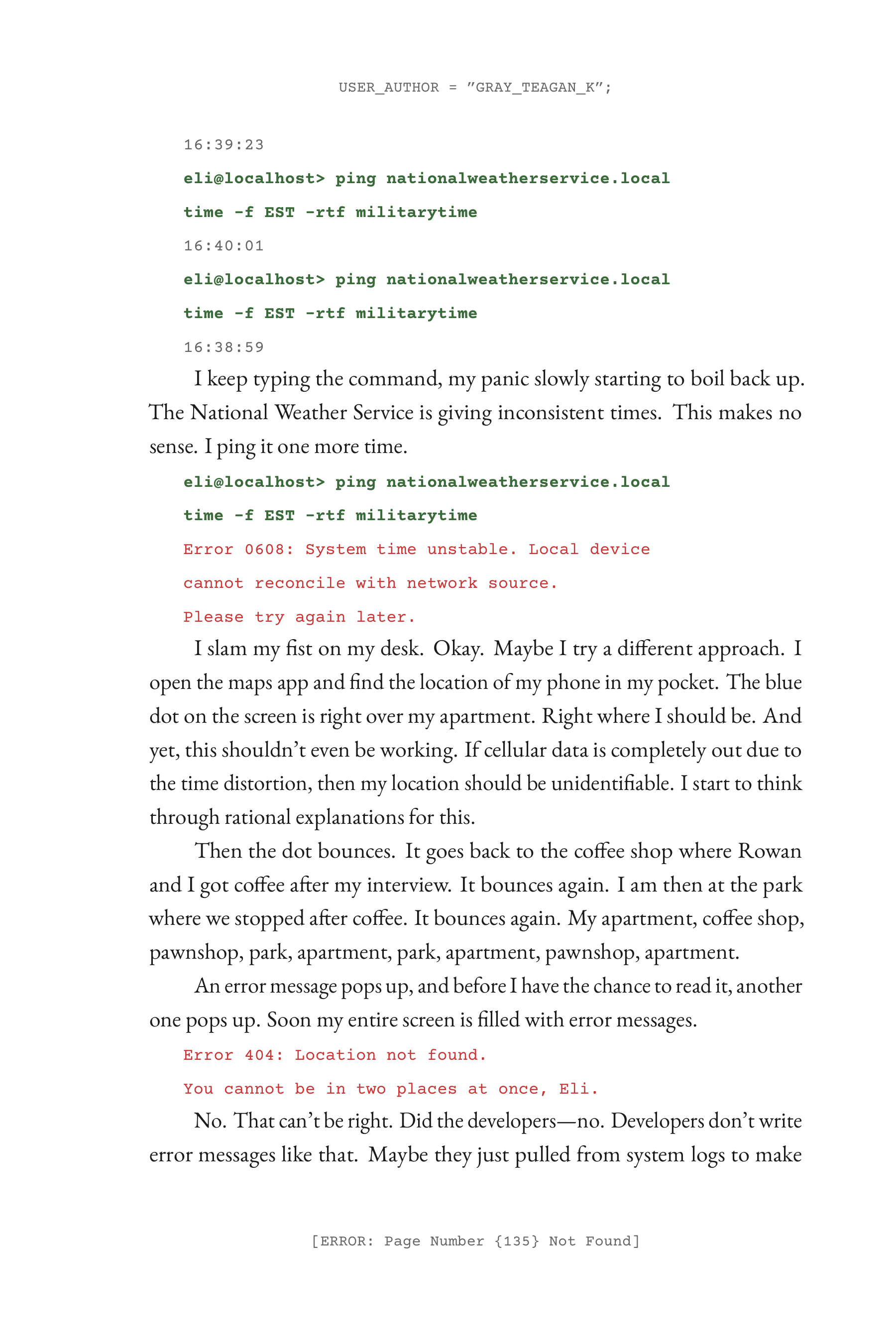 A typeset page from the deluxe edition of Seven Minutes, showing terminal-style system lines interleaved with clean prose